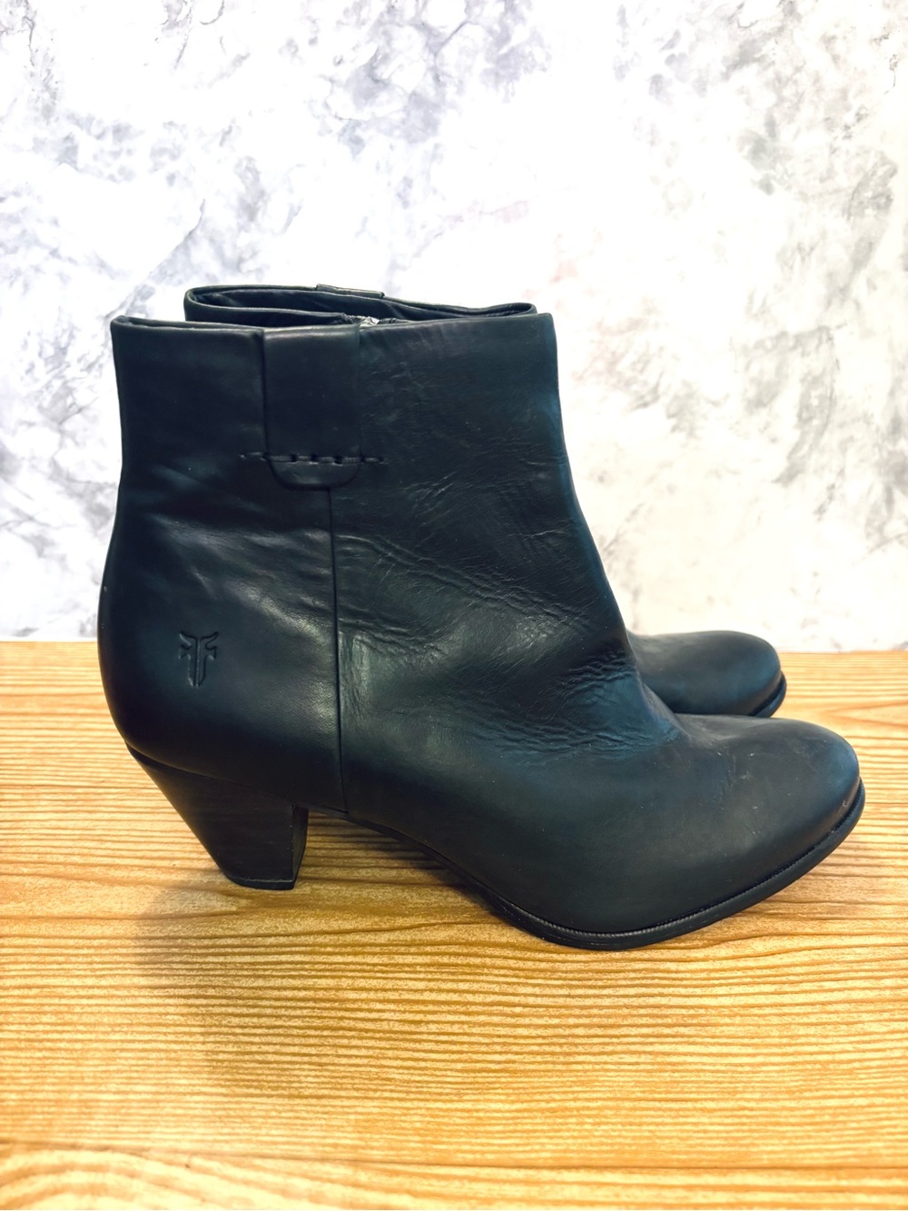 Frye Black Leather Mid Heel Ankle Boots